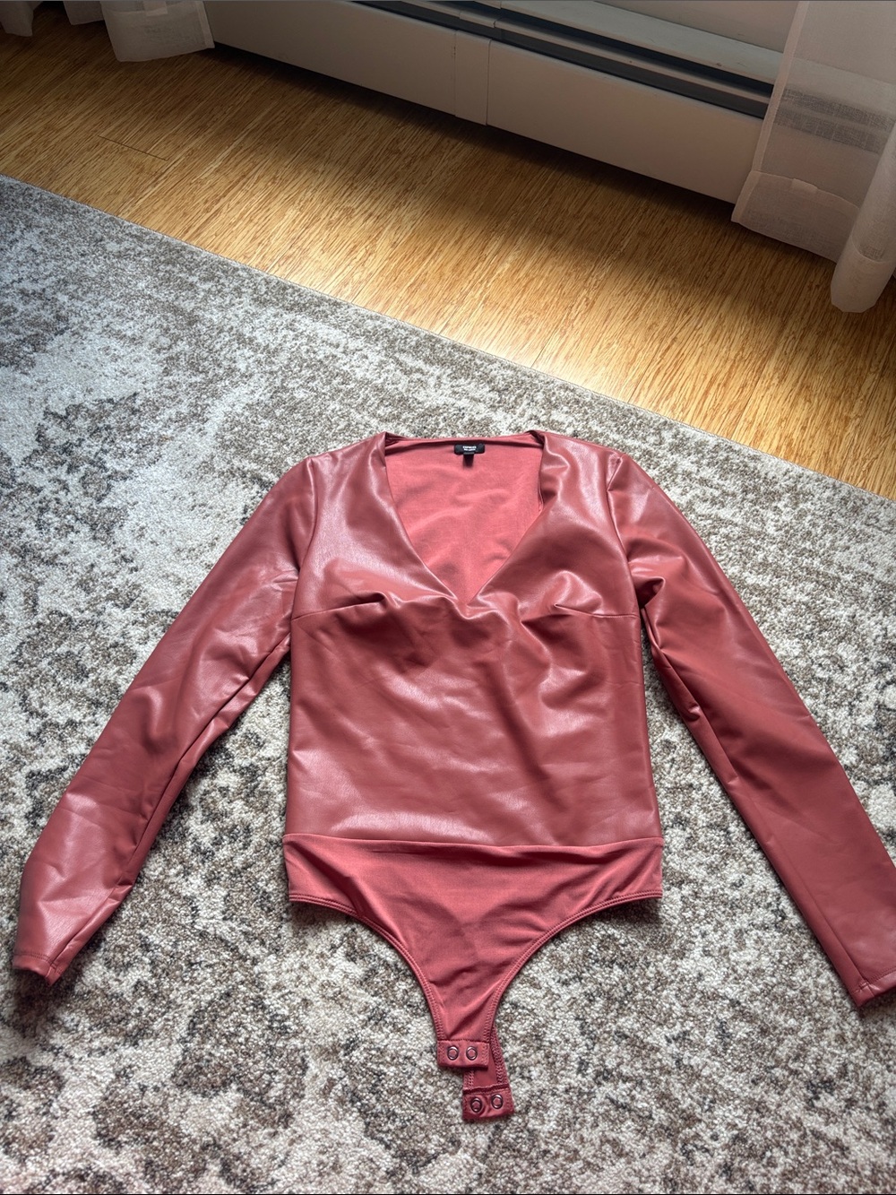 Faux Leather Long Sleeve Bodysuit - Mauve